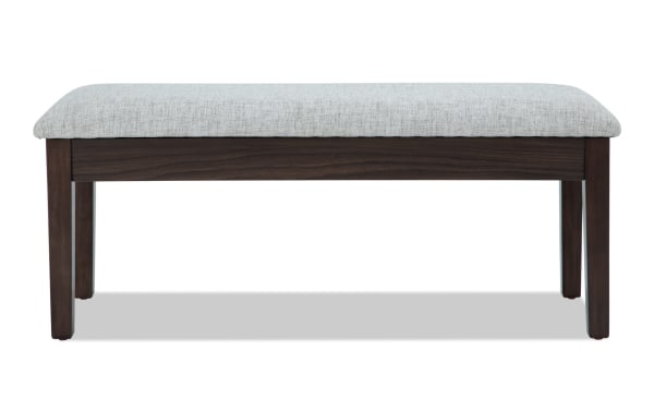Homeworks Dark Brown & Gray Upholstered Storage Dining Bench with soft gray polyester seat, dark wood frame, lift-top storage, transitional style
