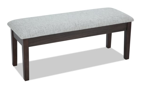 Homeworks Dark Brown & Gray Upholstered Storage Dining Bench with cushioned gray polyester seat, dark wood frame, and lift-top storage, transitional style.