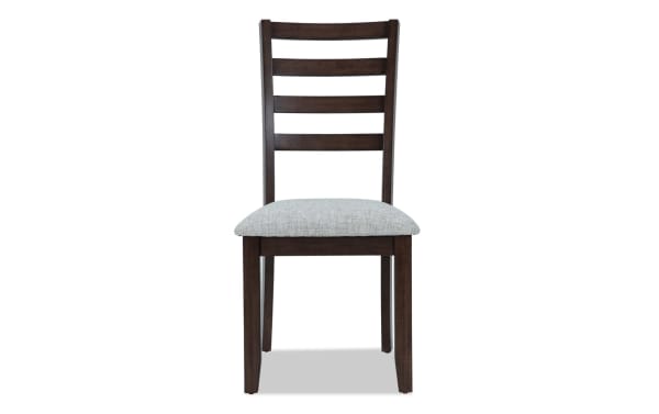 Homeworks Dark Brown & Gray Ladder Back Upholstered Dining Chair with cushioned gray polyester seat, wooden frame, and transitional style design.