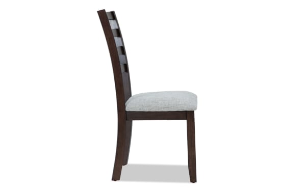 Homeworks Dark Brown & Gray Ladder Back Upholstered Dining Chair with cushioned gray polyester seat, wooden frame, and transitional style.