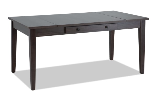 Dark brown Homeworks Dining transitional lift-top storage table with felt-lined drawers, rubberwood frame, and moisture-resistant melamine finish.