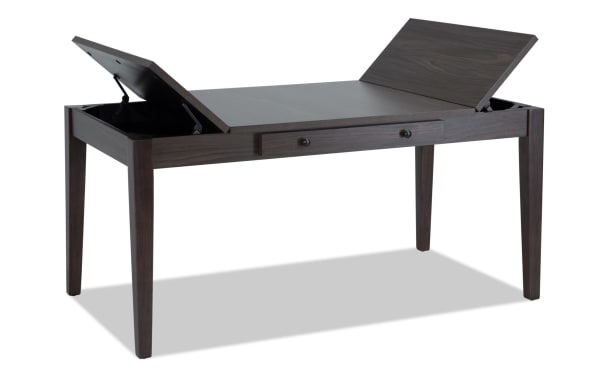 Homeworks Dark Brown Lift-Top Storage Dining Table with transitional style, rubberwood frame, melamine finish, and dual lift-top compartments for extra storage.