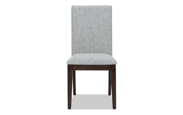 Homeworks Dark Brown & Gray Solid Back Upholstered Dining Chair with gray polyester fabric, cushioned memory foam seat, and dark wood frame in transitional style.