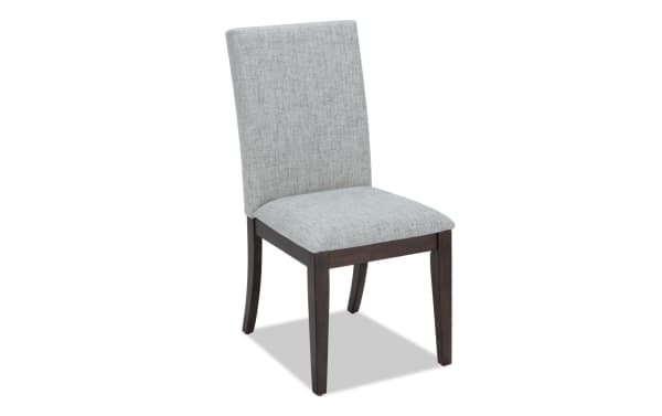 Homeworks Dark Brown & Gray solid back upholstered dining chair with gray polyester fabric, memory foam seat, and durable dark wood frame.