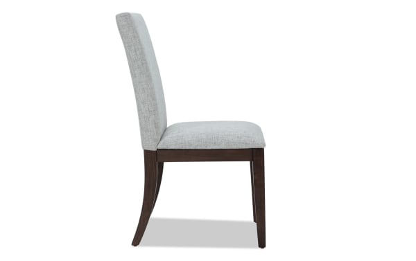 Homeworks Dark Brown & Gray solid back upholstered dining chair with gray polyester fabric, memory foam seat, and dark wood frame in transitional style.