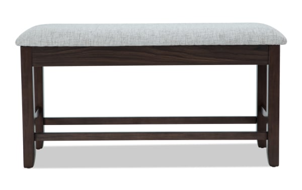 Homeworks Dark Brown & Gray Upholstered Counter Height Storage Dining Bench with soft gray polyester seat, dark wood frame, and lift-top storage.