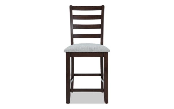Homeworks Dark Brown & Gray Ladder Back Counter Height Stool with cushioned gray polyester seat, wooden frame, and transitional style from Homeworks Dining.