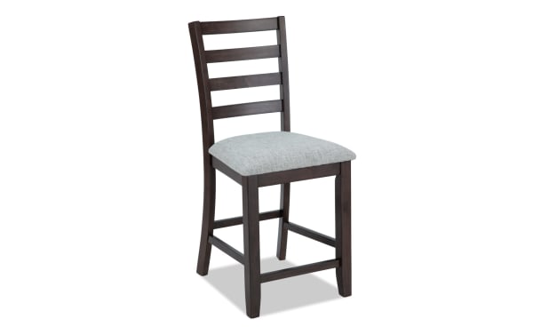 Homeworks Dark Brown & Gray Ladder Back Counter Height Stool with cushioned gray polyester seat, wooden frame, and transitional style from Homeworks Dining collection.