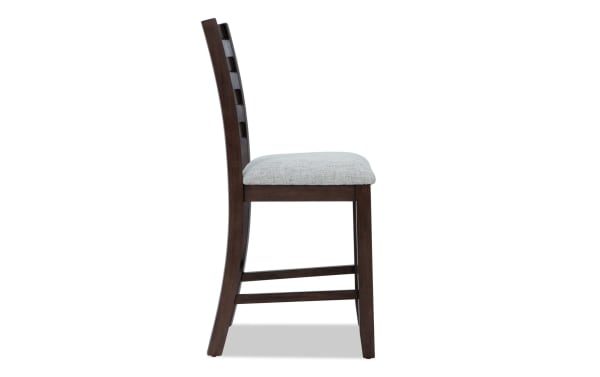 Homeworks Dark Brown & Gray Ladder Back Counter Height Stool with cushioned gray polyester seat, dark wood frame, and transitional style.