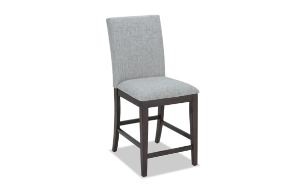 Homeworks Dark Brown & Gray solid back counter height stool with gray polyester fabric upholstery, memory foam seat, and dark wood frame in transitional style.