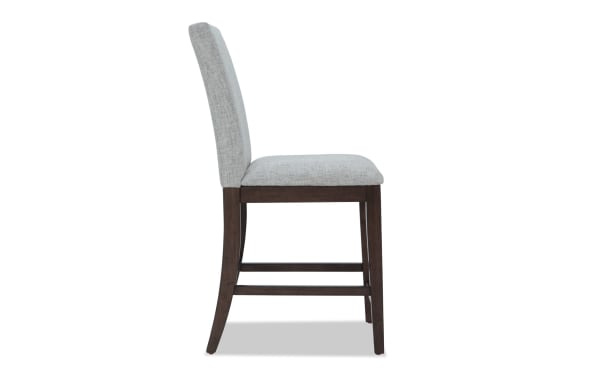 Homeworks Dark Brown & Gray solid back counter height stool with gray polyester upholstery, memory foam seat, and dark wood frame in transitional style.