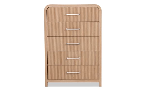 Cascade Brown 5 Drawer Chest in transitional style with engineered wood grain MDF, featuring reeded drawer fronts, smooth rounded corners, and felt-lined top drawer for ample storage. Part of the Cascade Bedroom collection.
