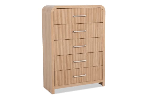 Cascade Brown 5 Drawer Chest in transitional style with engineered wood grain MDF, featuring reeded drawer fronts, rounded corners, and felt-lined top drawer.