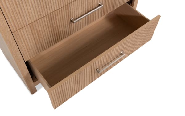 Cascade Brown 5 Drawer Chest with transitional style, featuring engineered wood grain MDF, intricate reeded drawer fronts, smooth corners, and ample storage.