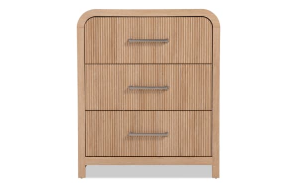 Cascade Brown 3 Drawer Chest in transitional style with engineered wood grain MDF, featuring reeded drawer fronts, rounded corners, and felt-lined top drawer.