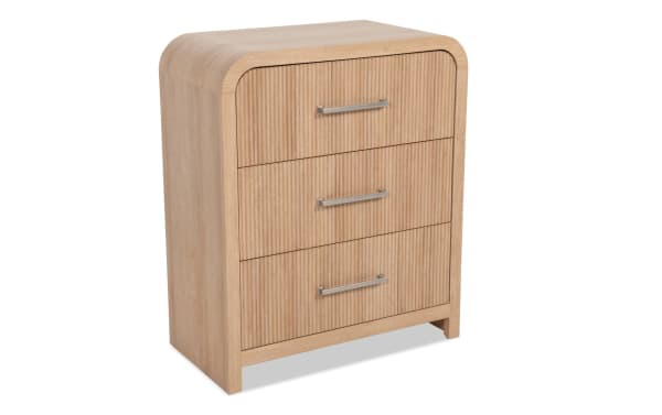 Cascade Brown 3 Drawer Chest in transitional style with engineered wood grain MDF, featuring reeded drawer fronts, smooth rounded corners, and felt-lined top drawer for ample storage.
