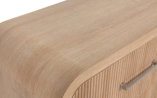 Cascade Brown 3 Drawer Chest with smooth rounded corners and intricate reeded drawer fronts in engineered wood grain, part of Cascade Bedroom transitional collection.