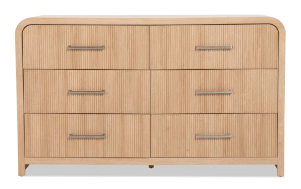 Cascade Brown 6 Drawer Dresser in transitional style with engineered wood grain MDF, featuring intricate reeded drawer fronts, smooth rounded corners, and ample storage including a felt-lined top drawer.