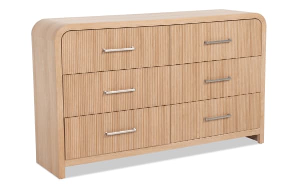 Cascade Brown 6 Drawer Dresser in transitional style with smooth rounded corners, intricate reeded MDF drawer fronts, engineered wood grain finish, and felt-lined top drawer for ample storage.