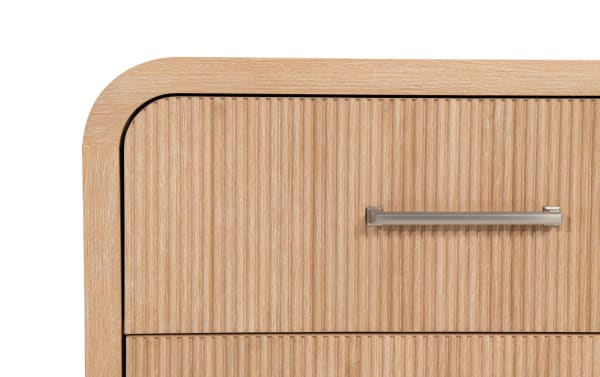 Cascade Brown 6 Drawer Dresser from Cascade Bedroom collection, transitional style with engineered wood grain MDF, featuring intricate reeded drawer fronts and smooth rounded corners.