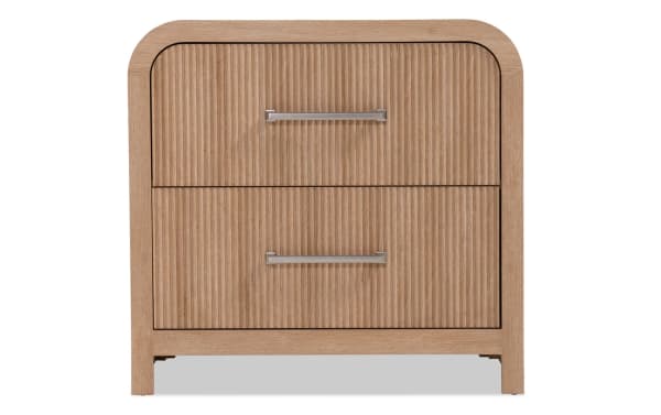 Cascade Brown 2 Drawer Nightstand in transitional style with reeded MDF and engineered wood grain, featuring smooth corners and metal handles.