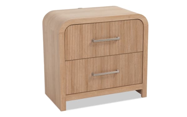 Cascade Brown 2 Drawer Nightstand in transitional style with engineered wood grain MDF, rounded corners, reeded drawer fronts, and metal handles.