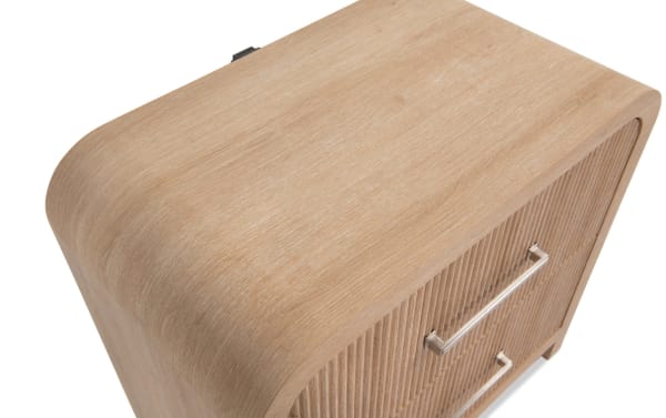 Cascade Brown 2 Drawer Nightstand with transitional style, smooth rounded edges, engineered wood grain MDF, and reeded drawer fronts.