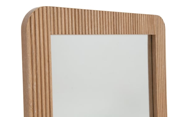 Cascade Brown Floor Mirror with transitional style, featuring engineered wood grain MDF frame, smooth rounded corners, and intricate reeded detailing.