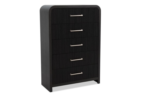 Cascade Black 5 Drawer Chest in transitional style with black engineered wood grain MDF, featuring reeded drawer fronts, smooth rounded corners, and felt-lined top drawer for ample storage.