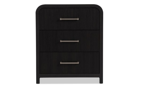 Cascade Black 3 Drawer Chest in transitional style, made of black MDF and engineered wood grain with reeded drawer fronts and smooth rounded corners.