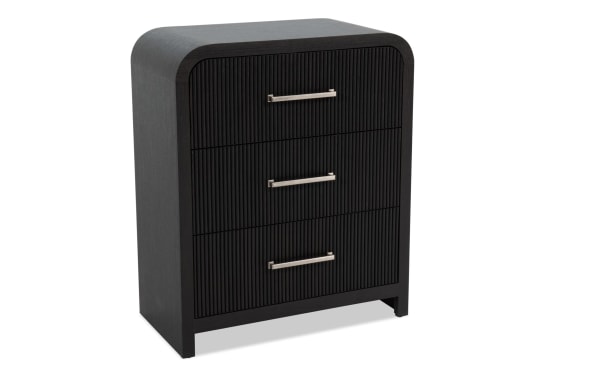 Cascade Black 3 Drawer Chest from Cascade Bedroom collection, transitional style MDF wood with reeded drawer fronts, rounded corners, and felt-lined top drawer.