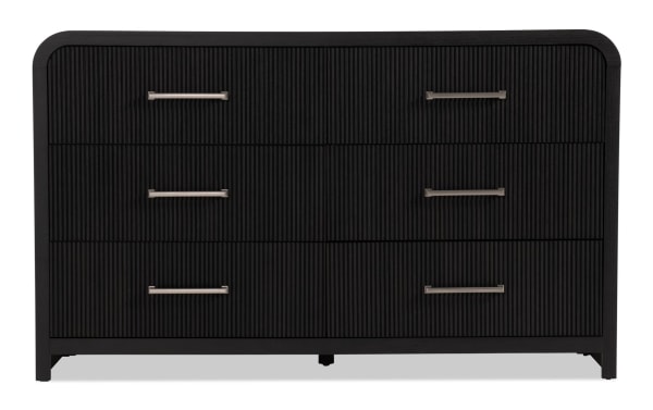 Cascade Black 6 Drawer Dresser in transitional style with black engineered wood grain MDF, featuring intricate reeded drawer fronts, smooth rounded corners, and metal handles for ample bedroom storage.
