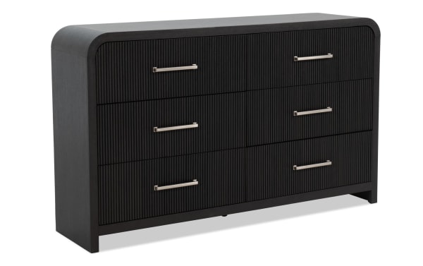 Cascade Black 6 Drawer Dresser in transitional style with black engineered wood grain MDF, smooth rounded corners, and intricate reeded drawer fronts for ample storage.