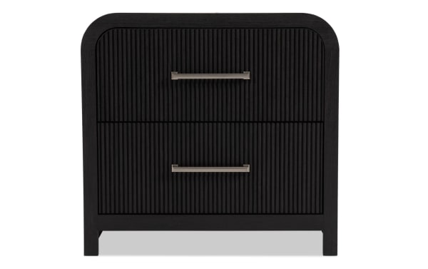 Cascade Black 2 Drawer Nightstand from Cascade Bedroom collection, transitional style, black MDF with engineered wood grain, reeded drawer fronts, rounded corners, metal handles.