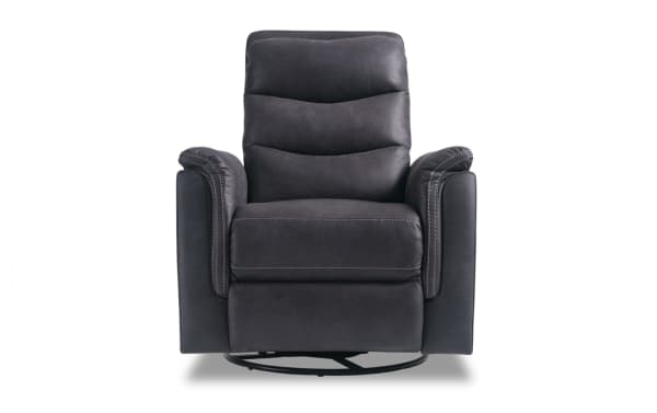 Forte Charcoal Swivel Manual Gliding Recliner in gray polyester fabric with padded arms, memory foam seat, and transitional style design.