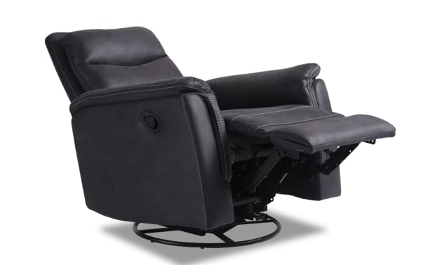 Forte Charcoal Swivel Manual Gliding Recliner in gray polyester fabric with padded arms, memory foam seat, and transitional style.