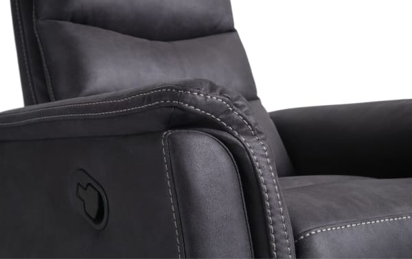 Charcoal Forte transitional swivel manual gliding recliner with breathable polyester fabric, padded arms, memory foam seat, and visible recline lever.
