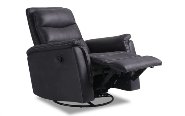 Forte Charcoal Swivel Manual Gliding Recliner in gray polyester fabric with padded arms, memory foam seat, and transitional style.