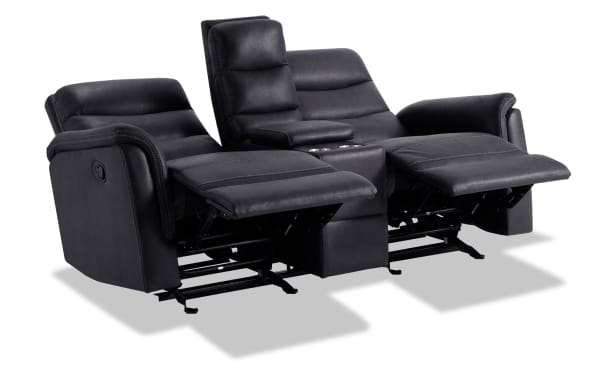 Forte Charcoal 72'' Manual Reclining Gliding Console Loveseat in gray polyester fabric with padded arms, memory foam seating, gliding console, and contrasting stitch detail.