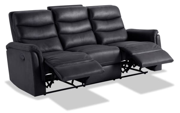 Forte Charcoal 82'' manual reclining sofa in gray polyester fabric with padded arms, Bob-O-Pedic memory foam, and contrasting stitch design.