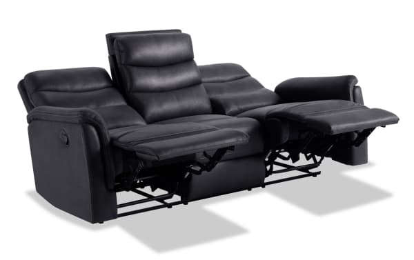 Forte Charcoal 82'' Manual Reclining Sofa in gray polyester fabric with padded arms, Bob-O-Pedic Memory Foam seating, and contrasting stitch detail.