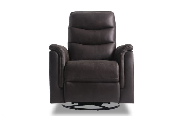 Forte Chocolate Swivel Manual Gliding Recliner in brown polyester fabric with padded arms, memory foam seating, and transitional style.