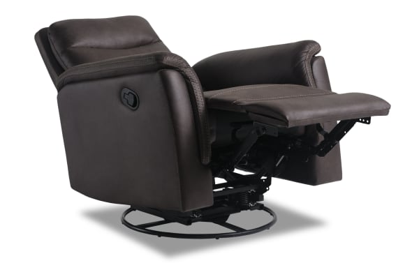 Forte Chocolate Swivel Manual Gliding Recliner in brown polyester fabric with padded arms, Bob-O-Pedic Memory Foam seat, and transitional style.