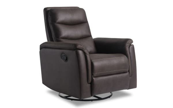 Forte Chocolate Swivel Manual Gliding Recliner in brown polyester fabric with padded arms, memory foam seat, transitional style, and swivel base.