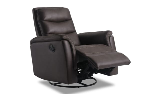 Forte Chocolate Swivel Manual Gliding Recliner in brown polyester fabric with padded arms, memory foam seat, and transitional style.