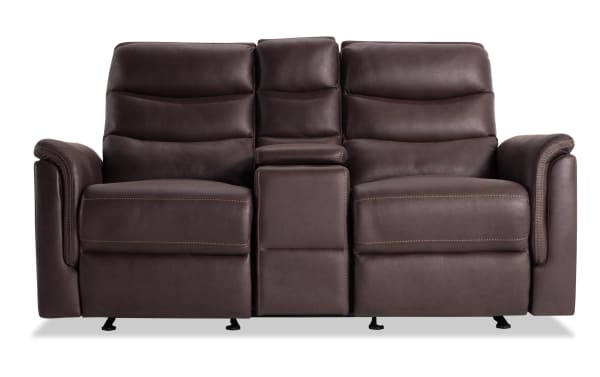 Forte Chocolate 72'' manual reclining gliding console loveseat in brown polyester fabric with padded arms, memory foam seating, and storage console.