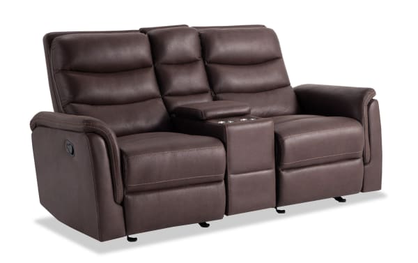 Forte Chocolate 72'' manual reclining gliding console loveseat in brown polyester fabric with padded arms, Bob-O-Pedic memory foam seating, and storage console.