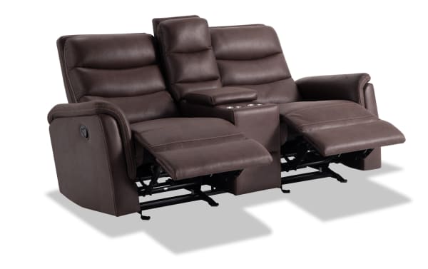 Forte Chocolate 72'' Manual Reclining Gliding Console Loveseat in brown polyester fabric, transitional style with padded arms, memory foam seats, and storage console.