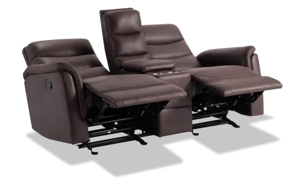 Forte Chocolate 72'' manual reclining gliding console loveseat in brown polyester fabric with padded arms, memory foam seating, and storage console.