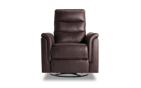 Forte Chocolate Power Gliding Recliner in brown polyester fabric with padded arms, memory foam seat, contrasting stitch, and USB port, transitional style.